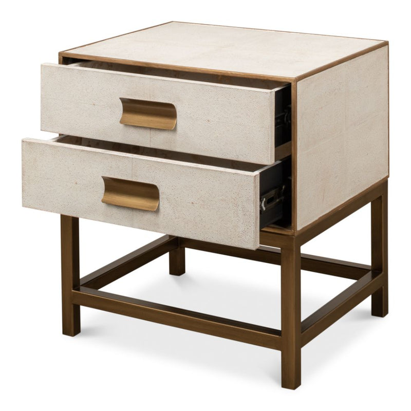 Side Table - Off-White Shagreen Leather - 2-Drawer