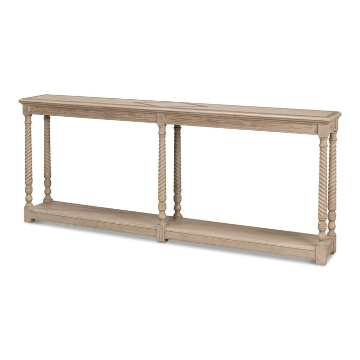 console table long narrow turned legs shelf grey