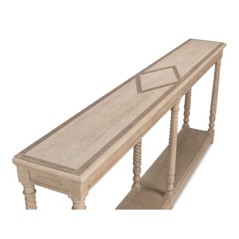 console table long narrow turned legs shelf grey