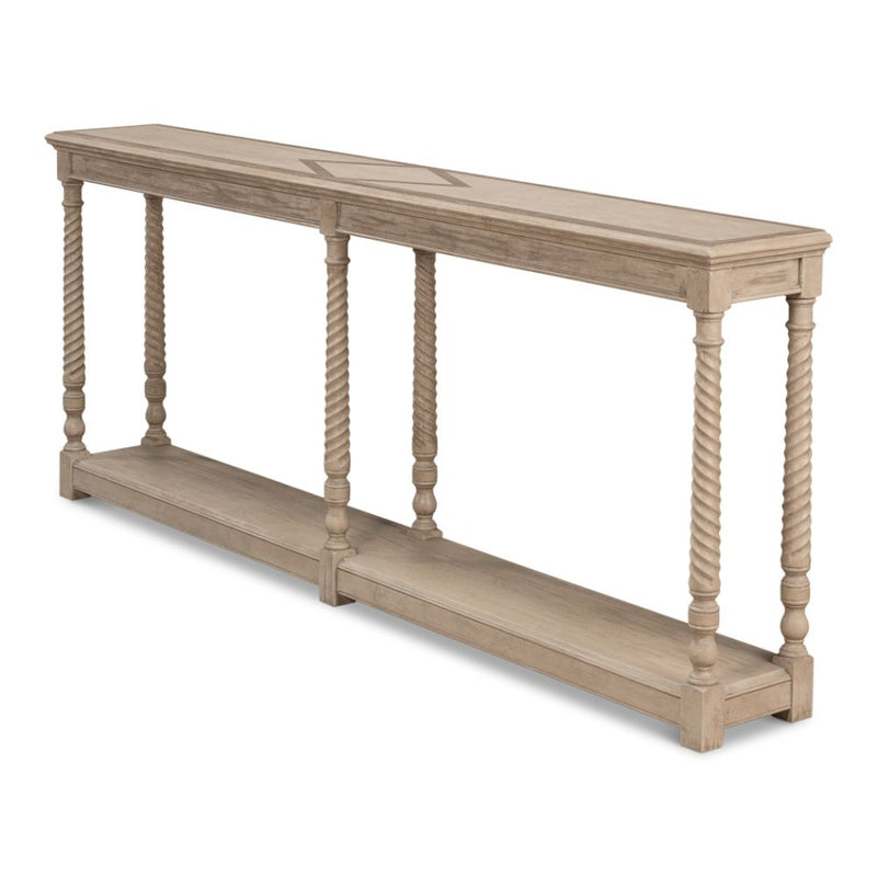console table long narrow turned legs shelf grey