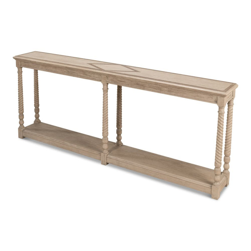 console table long narrow turned legs shelf grey
