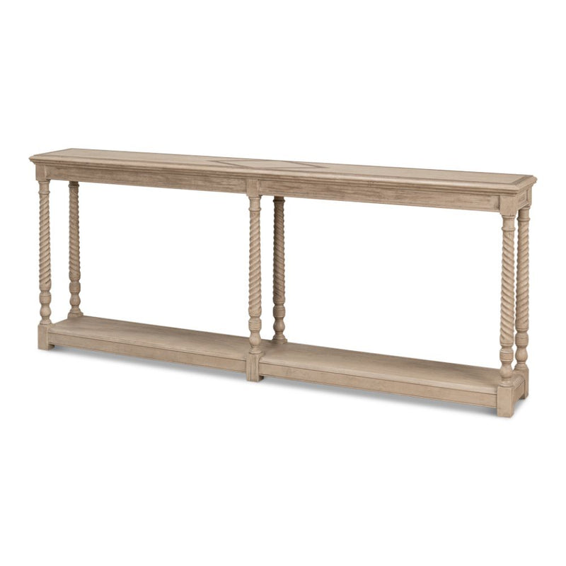 console table long narrow turned legs shelf grey