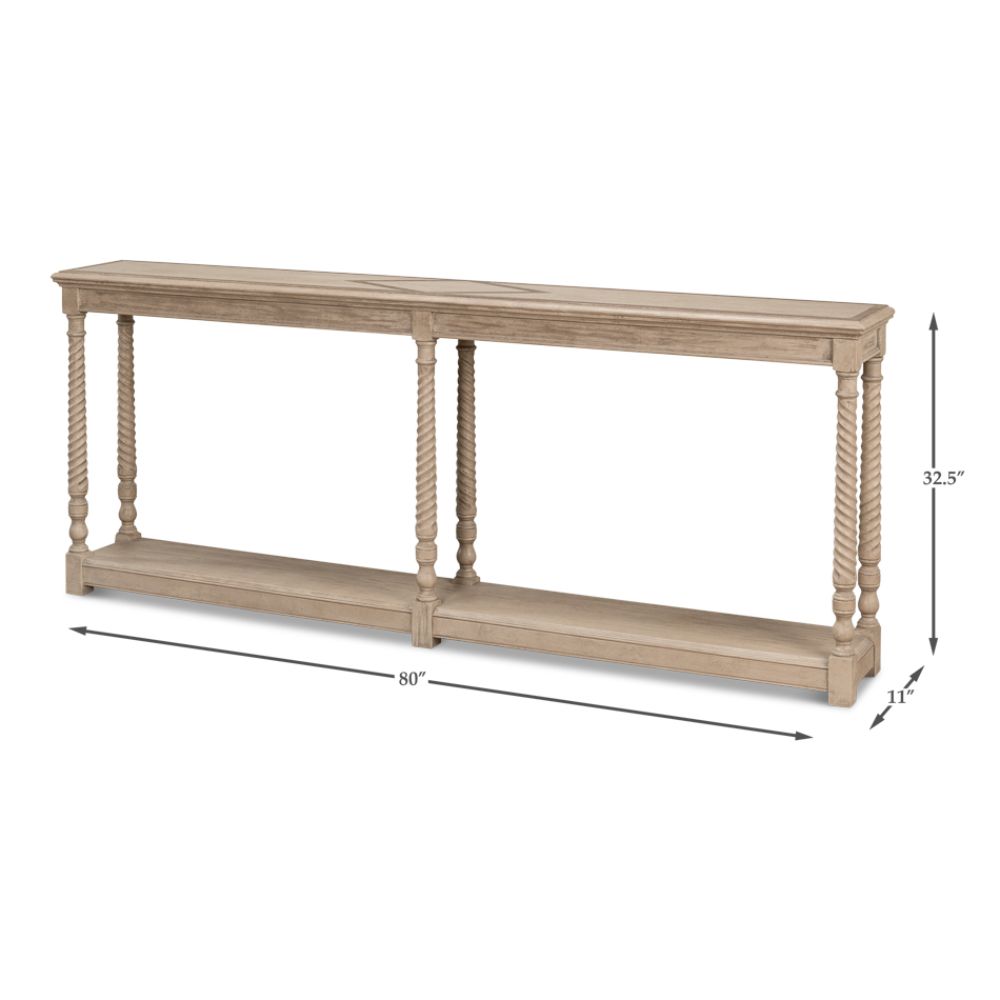 console table long narrow turned legs shelf grey