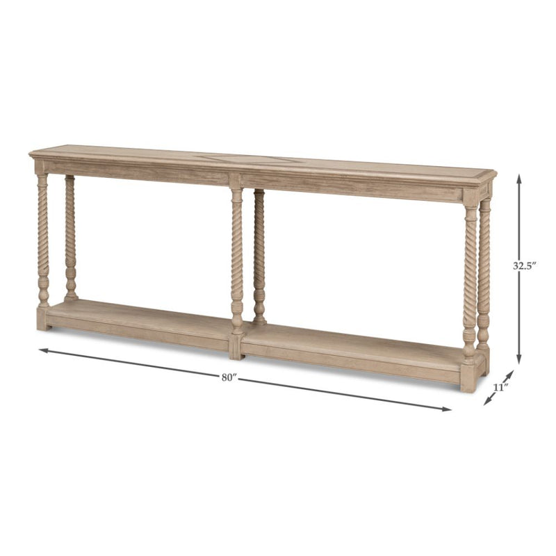 console table long narrow turned legs shelf grey