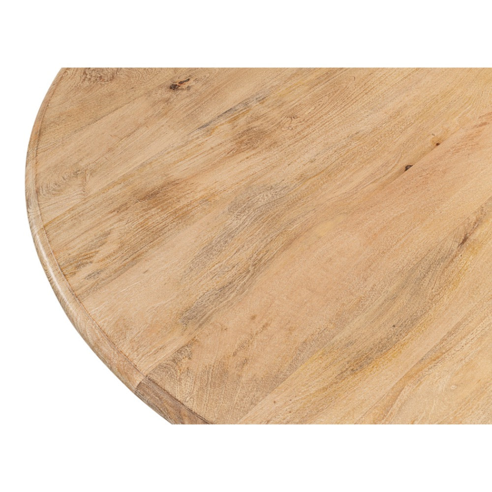 Close-up of a round wooden table top with a natural light oak grain pattern, shown against a plain white background.
