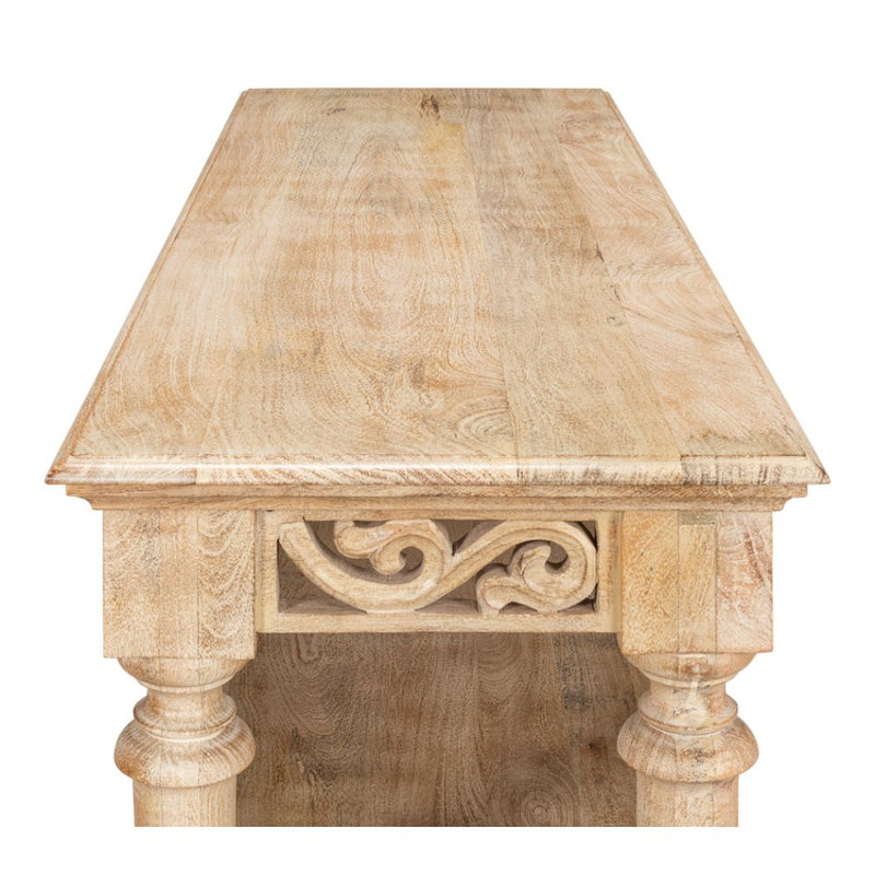 console table carved mango wood turned legs light sienna shelf 3-tier