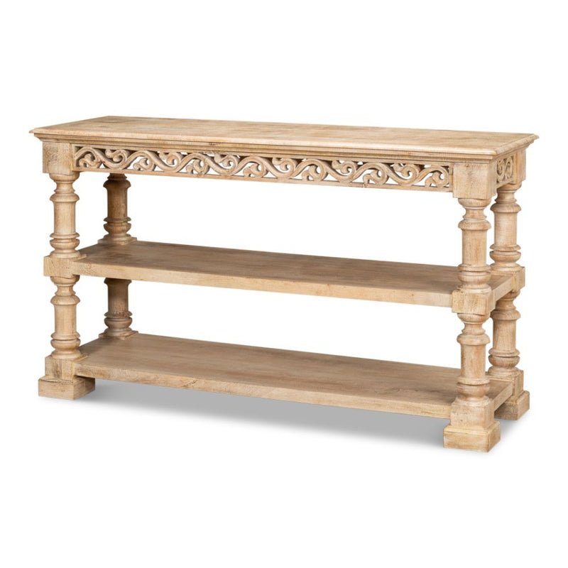 console table carved mango wood turned legs light sienna shelf 3-tier