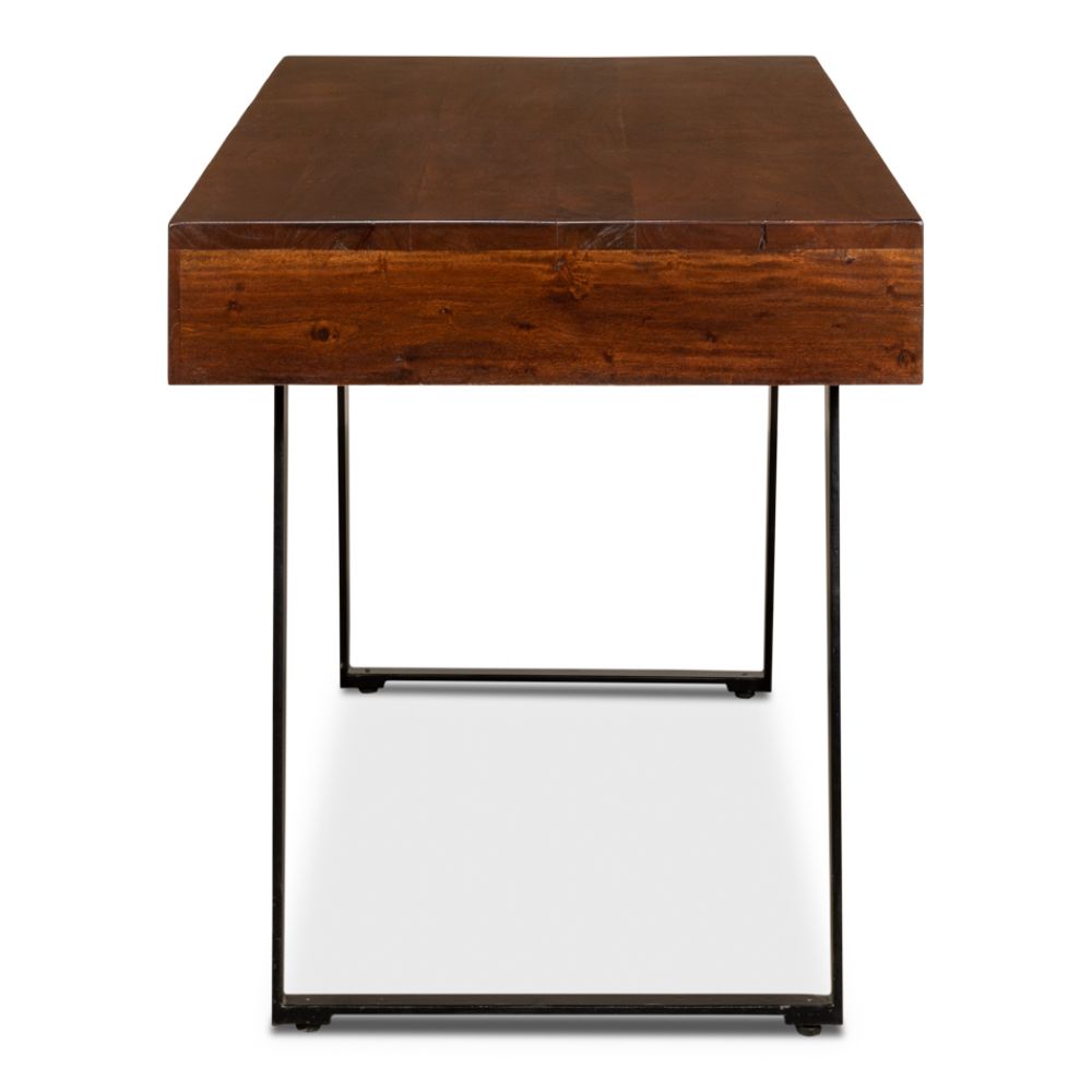 desk brown wood iron drawers transitional