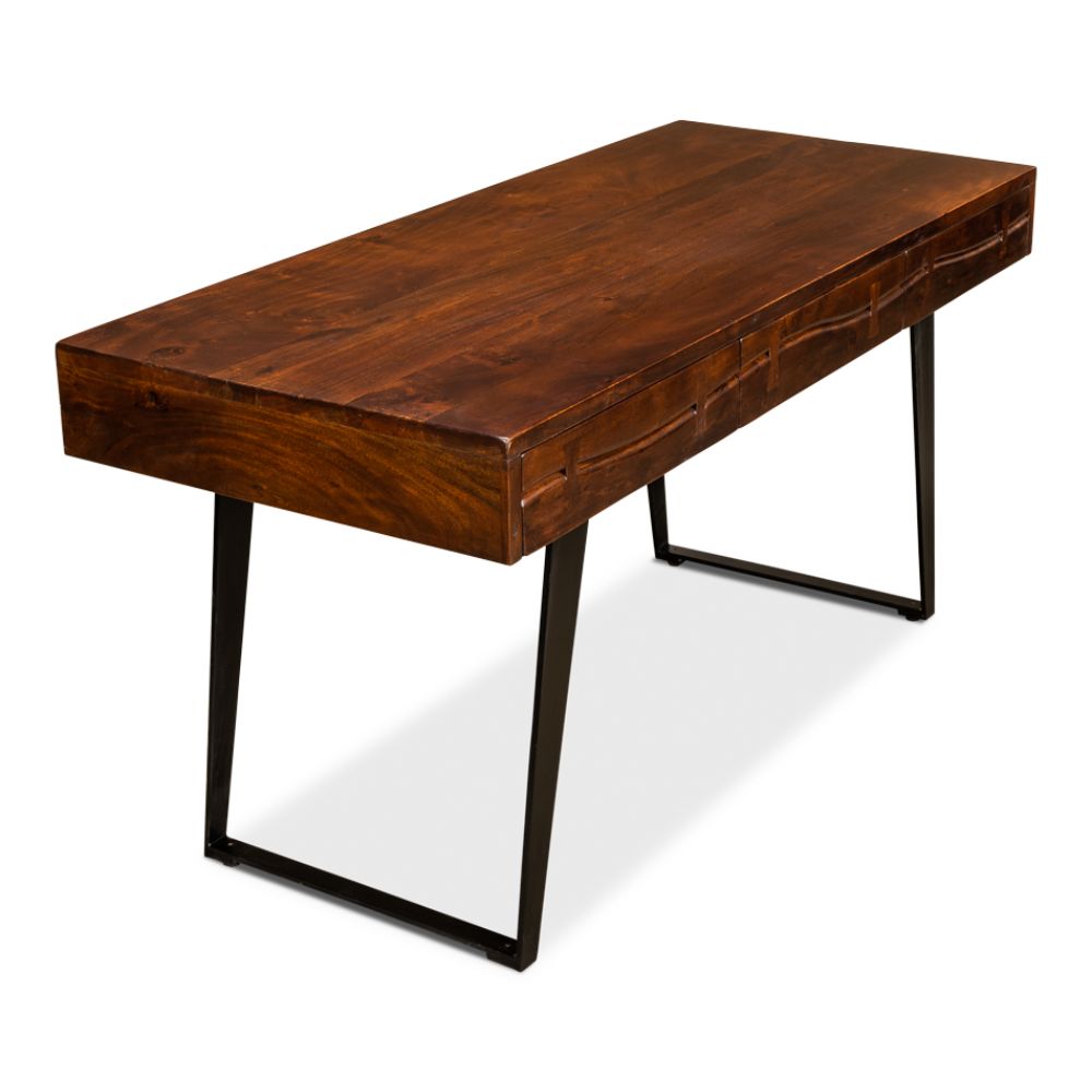 desk brown wood iron drawers transitional