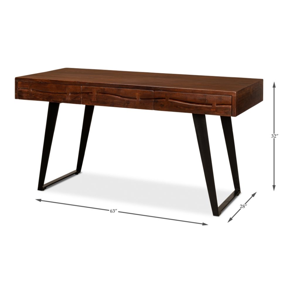 desk brown wood iron drawers transitional