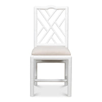 white faux bamboo dining side chair beige linen seat cushion