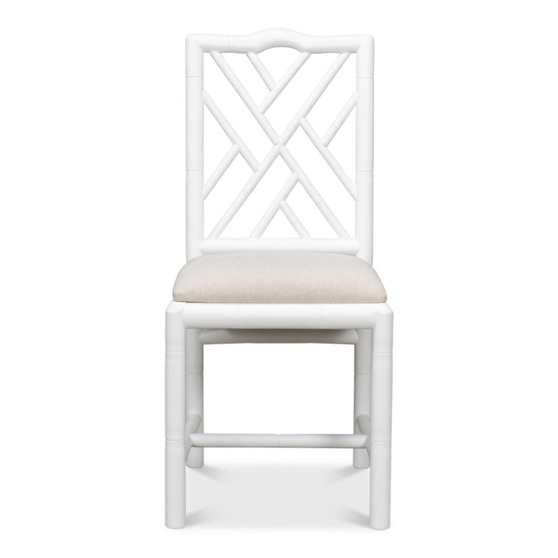 white faux bamboo dining side chair beige linen seat cushion