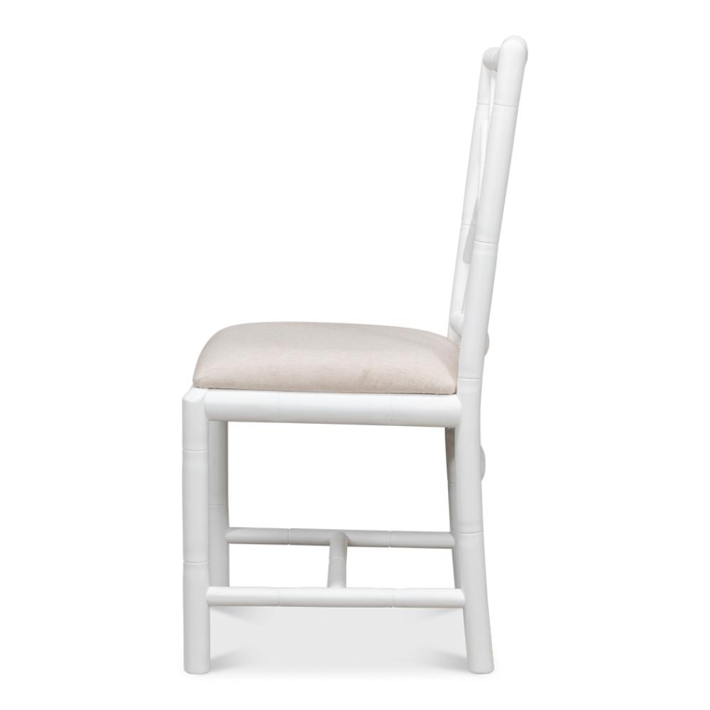 white faux bamboo dining side chair beige linen seat cushion