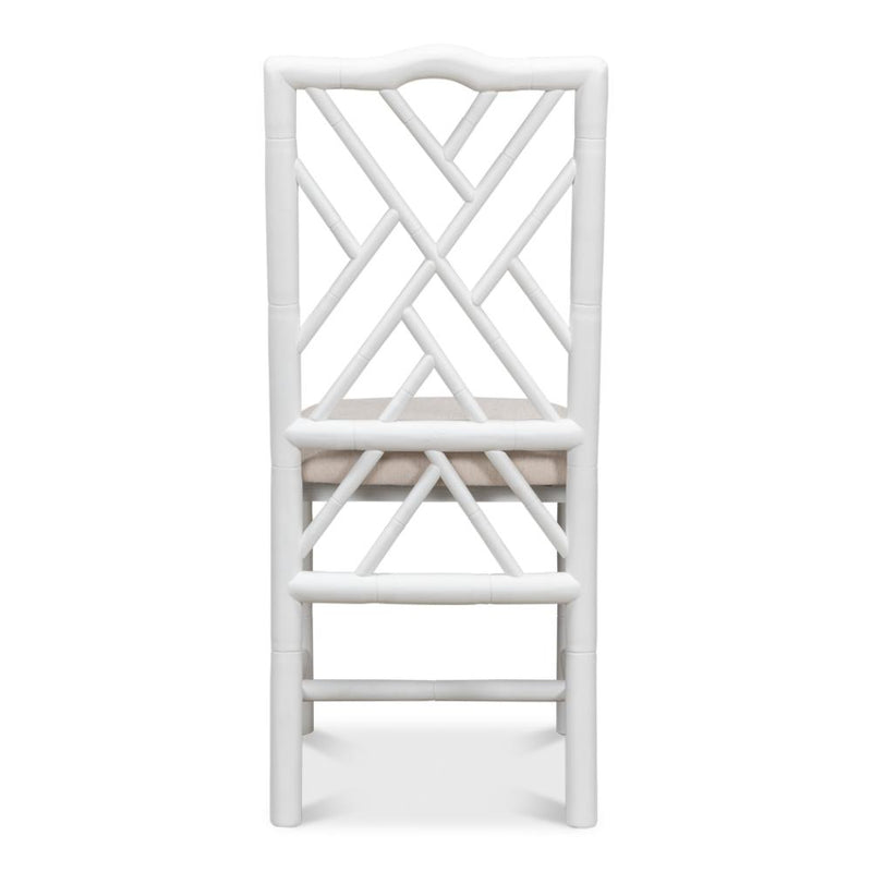 white faux bamboo dining side chair beige linen seat cushion