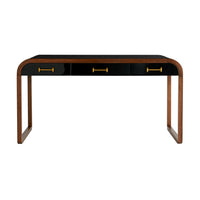 Arteriors Victoria Black Lacquer Desk with gold handles, walnut legs & 3 drawers, shown on a white background.