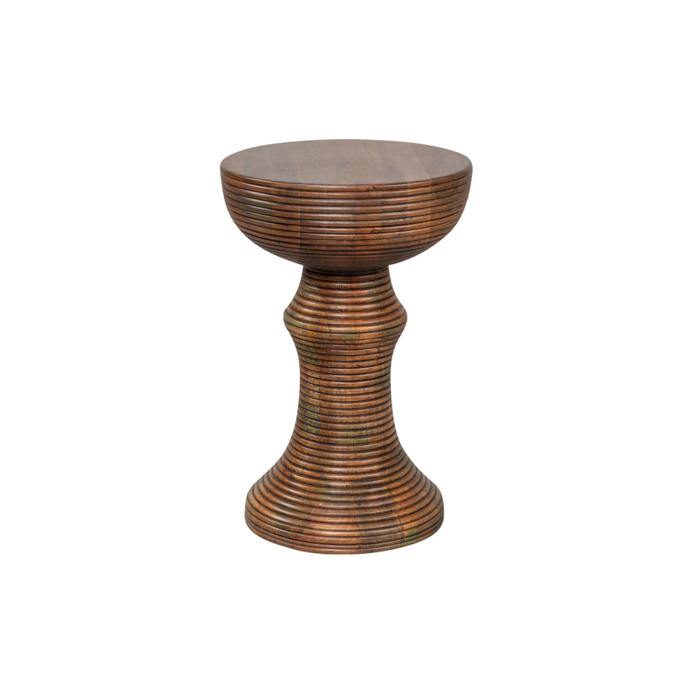 The Kayan Mango Wood Accent Table by Sarreid, Ltd. is a wooden stool with a round top and a tapered base, featuring horizontal grooves throughout its surface. Crafted from mango wood, this elegant piece echoes the artistry of the Kayan tribe.