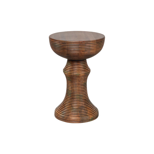 The Kayan Mango Wood Accent Table by Sarreid, Ltd. is a wooden stool with a round top and a tapered base, featuring horizontal grooves throughout its surface. Crafted from mango wood, this elegant piece echoes the artistry of the Kayan tribe.
