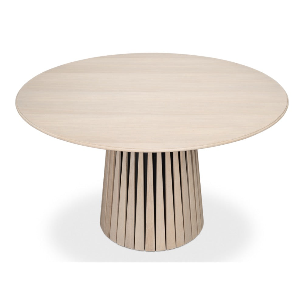 round slatted pedestal table brushed gray