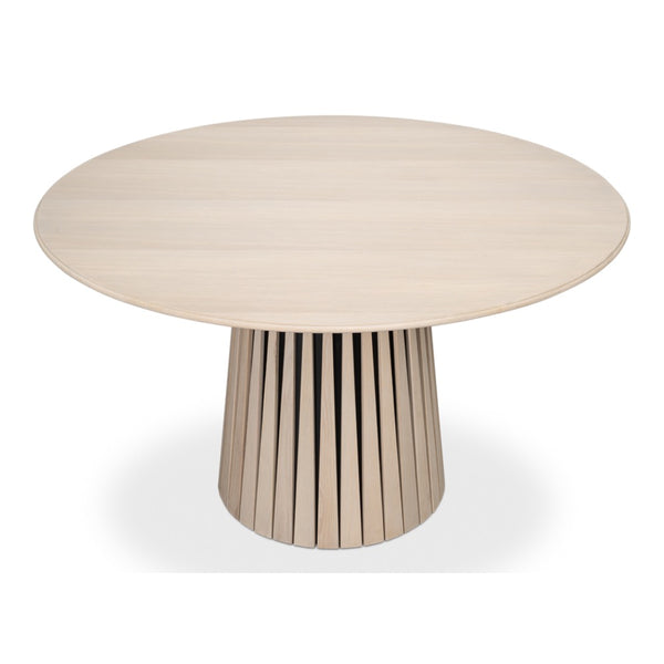 round slatted pedestal table brushed gray