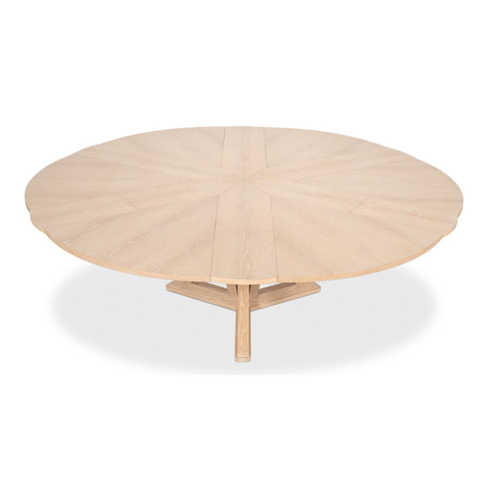 bleached oak round wood expandable jupe dining table