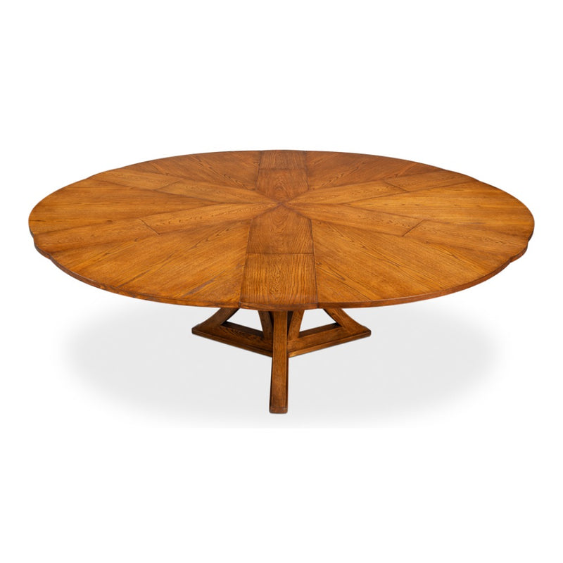 Casual Tobacco Brown Finish Medium Jupe Dining Table by Sarreid, Ltd. with oak and geometric pedestal, top view on white.