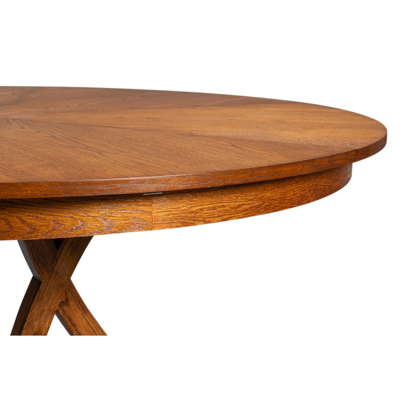 The Sarreid, Ltd. Casual Tobacco Brown Finish Medium Jupe Dining Table features a polished round top and cross base.