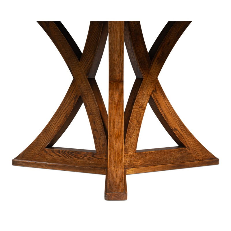 Sarreid, Ltd. Casual Tobacco Brown Jupe Dining Table base features X-shaped curved legs, ideal for expandable tables.