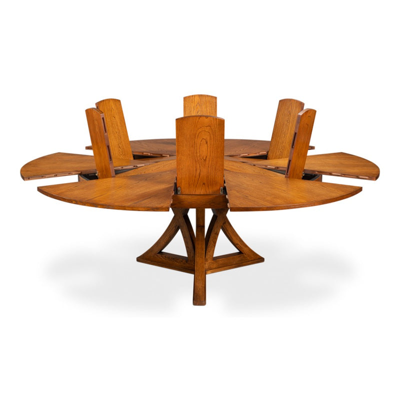 A Sarreid, Ltd. Casual Tobacco Brown Jupe table with six hidden pop-up chairs spaced around it.