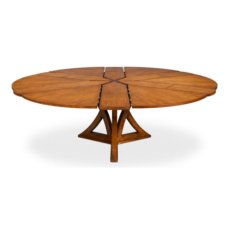Sarreid, Ltd. Casual Tobacco Brown Finish Medium Jupe Dining Table features a geometric top and triangular pedestal base.
