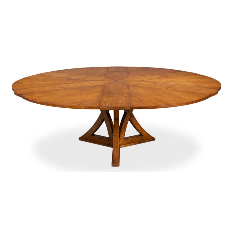 Sarreid, Ltd. Casual Tobacco Brown Jupe dining table with starburst top and geometric pedestal base.