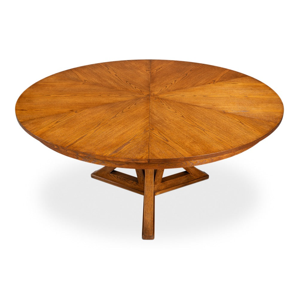 Sarreid, Ltd. Casual Tobacco Brown Finish Medium Jupe Dining Table with geometric base on a white background.