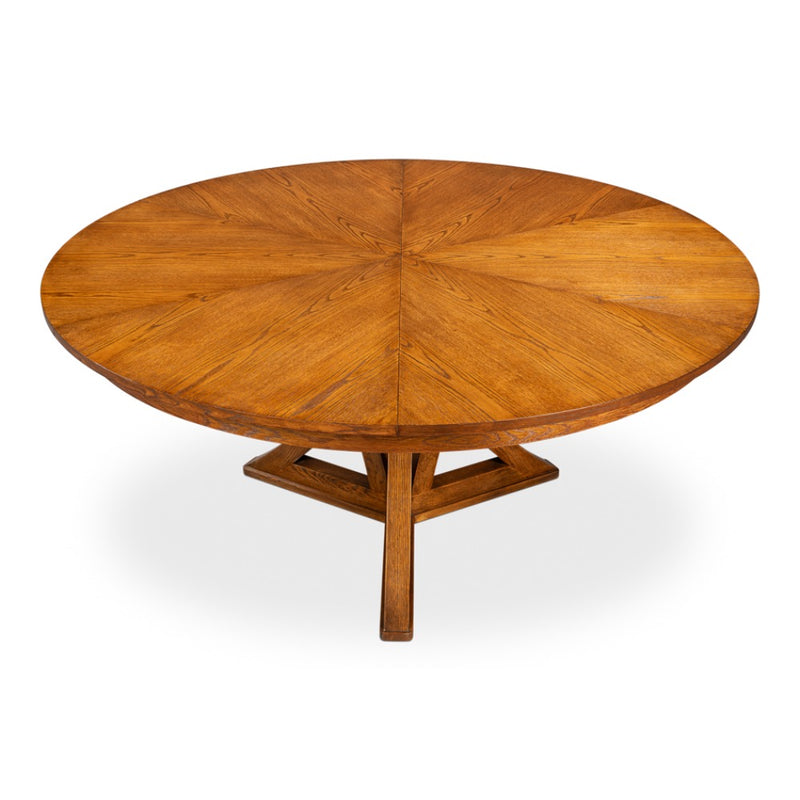 Sarreid, Ltd. Casual Tobacco Brown Finish Medium Jupe Dining Table with geometric base on a white background.