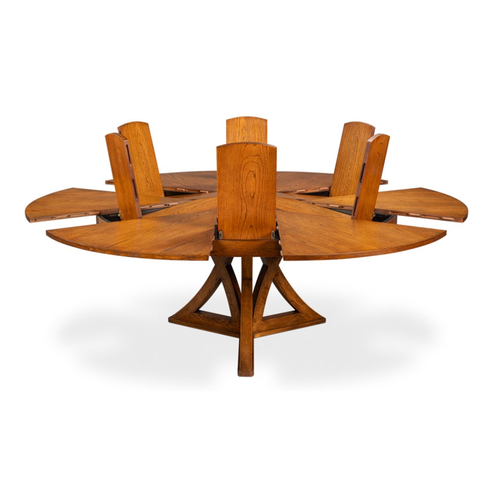 Casual Tobacco Brown Finish Large Jupe Dining Table by Sarreid, Ltd. features a geometric pedestal and six fold-out chairs.