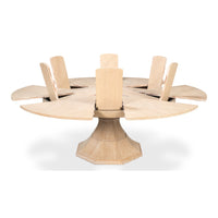 Giselle Jupe Dining Table by Sarreid, Ltd.—bleached oak, pedestal base, expandable transitional style.