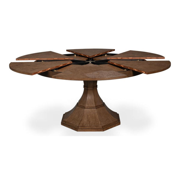 A dark brown wooden extendable dining table with a pedestal base and multiple petal-shaped leaf sections, shown on a clean white background.