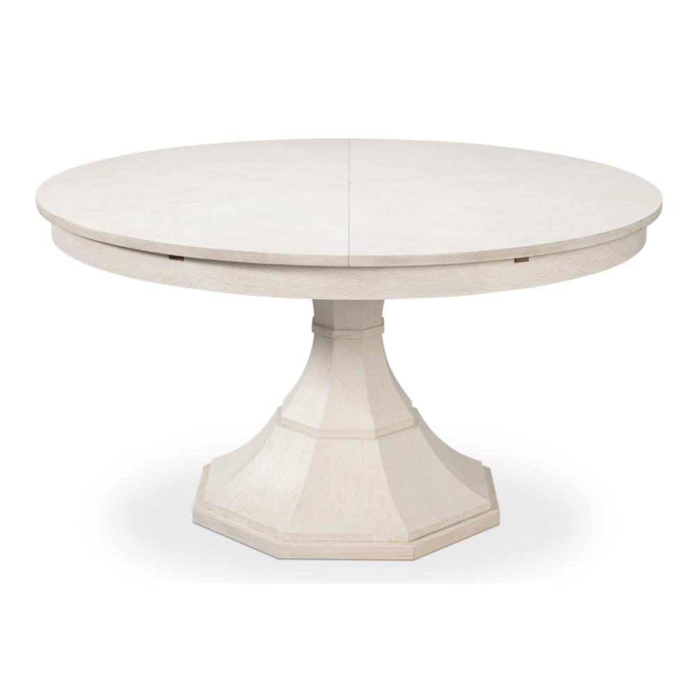 Giselle Working White Finish Large Jupe Dining Table by Sarreid, Ltd. features transitional style with a single pedestal base.