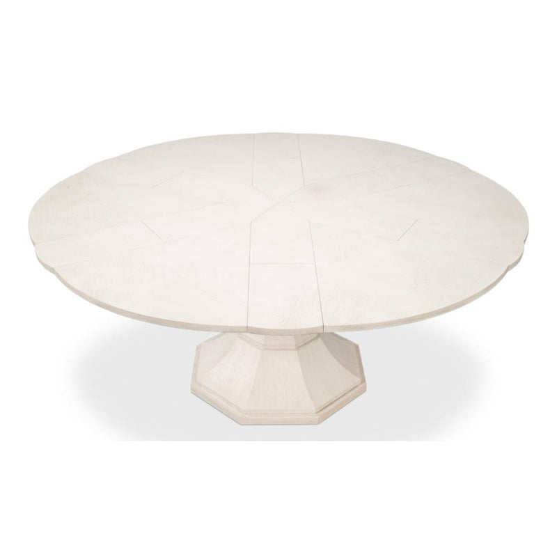 Giselle Working Dining Table by Sarreid, Ltd.: White finish, hexagonal pedestal, detailed surface pattern.