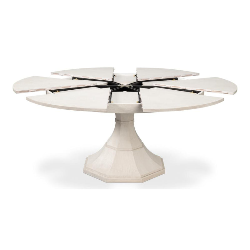 Giselle White Finish Jupe Table by Sarreid, Ltd., shown partially open with central pedestal.