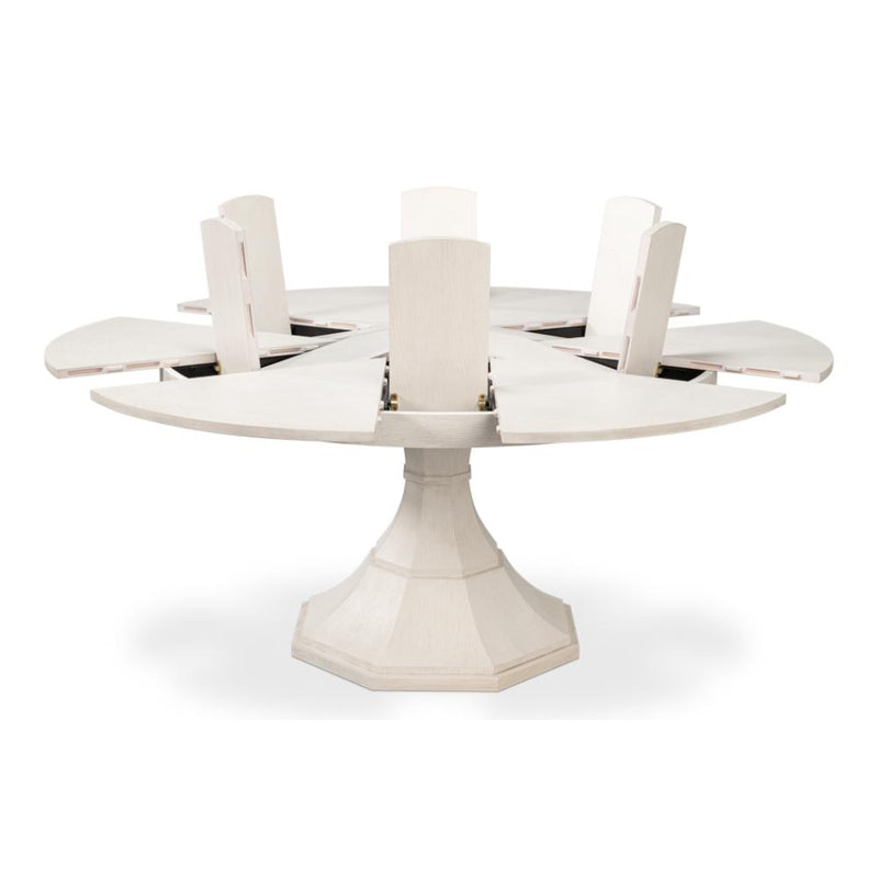 The Giselle Working White Finish Large Jupe Dining Table by Sarreid, Ltd. features a transitional style with a pedestal base.