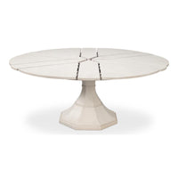 Sarreid, Ltd.'s Giselle Jupe Dining Table: a transitional, expandable round table with central pedestal on white base.