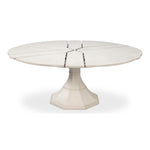 Sarreid, Ltd.'s Giselle Jupe Dining Table: a transitional, expandable round table with central pedestal on white base.
