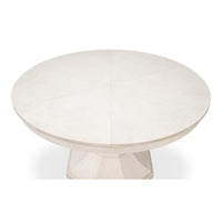 Giselle White Jupe Dining Table, large, by Sarreid, Ltd., with a pedestal base viewed from above.