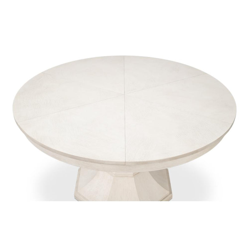 Giselle White Jupe Dining Table, large, by Sarreid, Ltd., with a pedestal base viewed from above.
