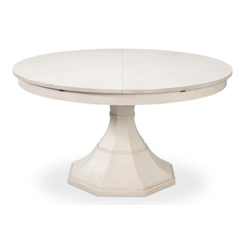 Giselle Working White Finish Large Jupe Dining Table by Sarreid, Ltd. features transitional style with a single pedestal base.