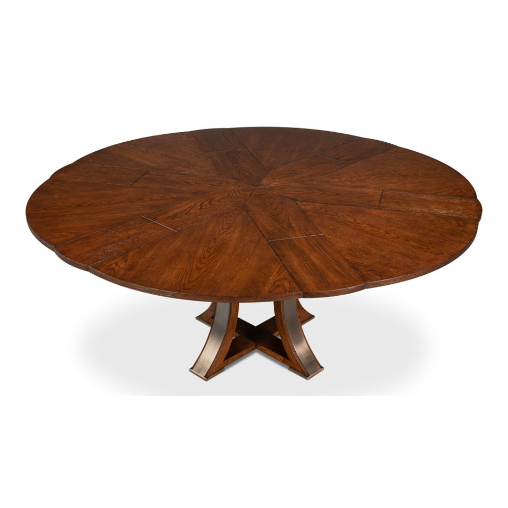 The Sarreid, Ltd. Tower Palladio Finish Medium Jupe Dining Table features a cross base and elegant sunburst top.