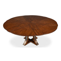 The Sarreid, Ltd. Tower Palladio Finish Medium Jupe Dining Table features a cross base and elegant sunburst top.