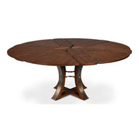 Tower Palladio Finish Medium Jupe Dining Table by Sarreid, Ltd. with geometric top and curved four-legged base.