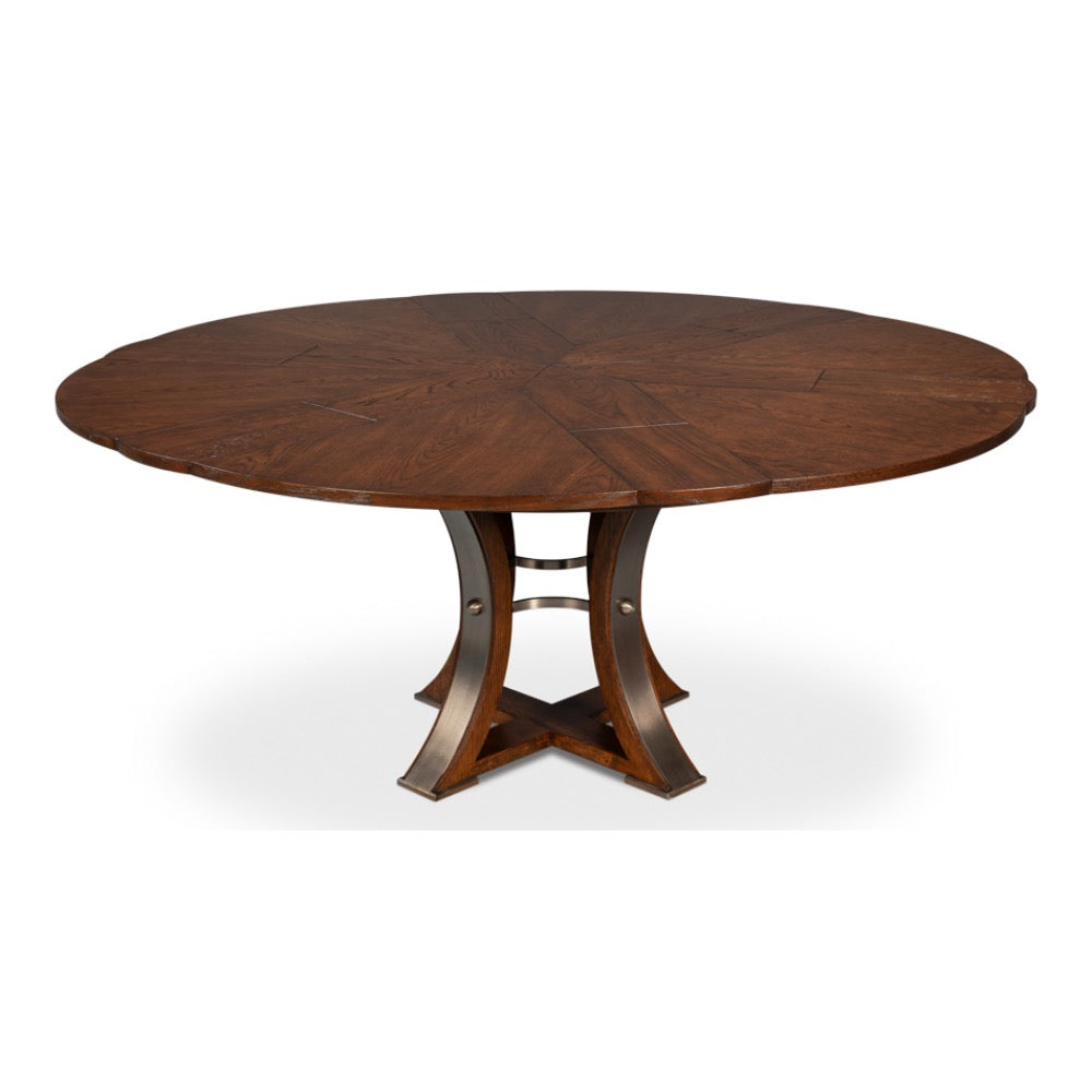 Sarreid, Ltd. Tower Palladio Finish Medium Jupe Dining Table features a round top and decorative pedestal base.