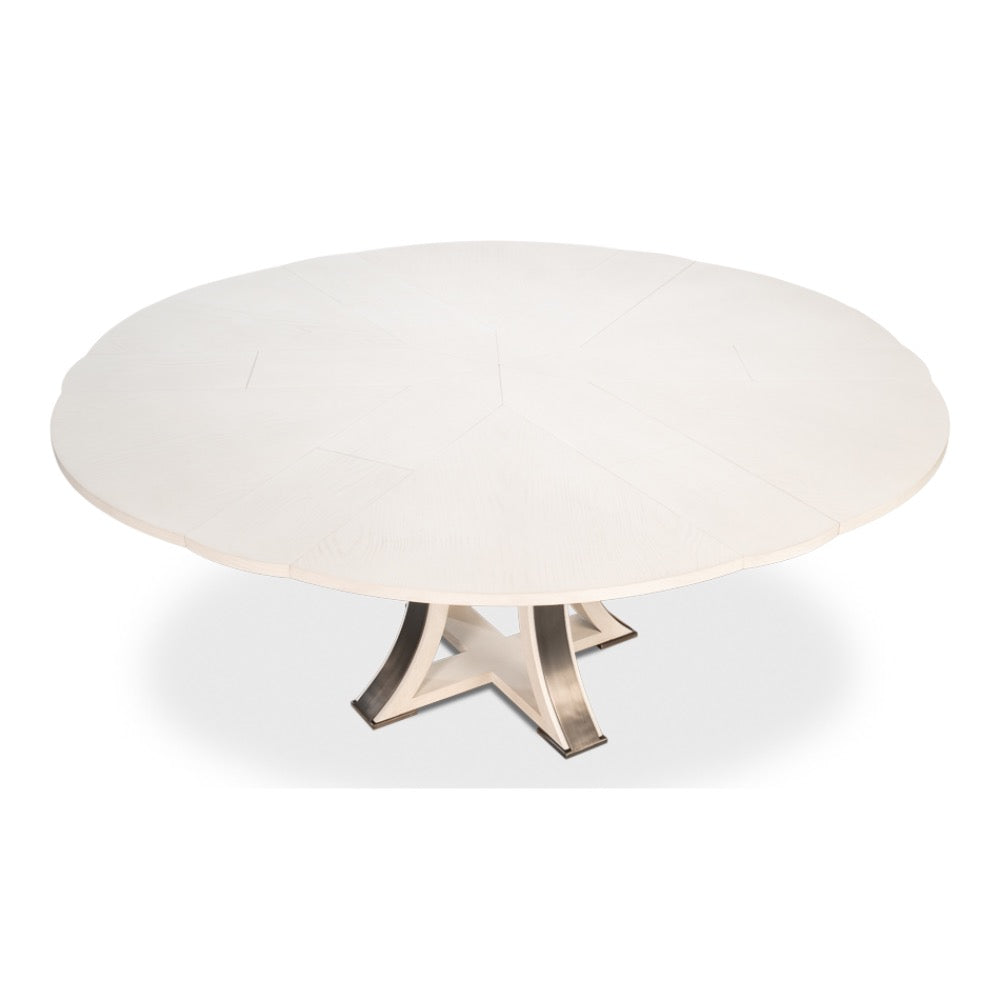 The Sarreid, Ltd. Tower Working White Jupe Dining Table features a geometric base and smooth, modern design.