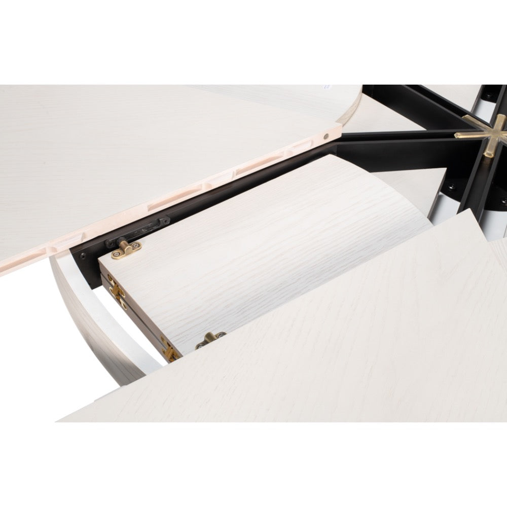 Close-up of Sarreid, Ltd. Tower Working White Finish Medium Jupe Dining Table, showing extension leaf and hinge.